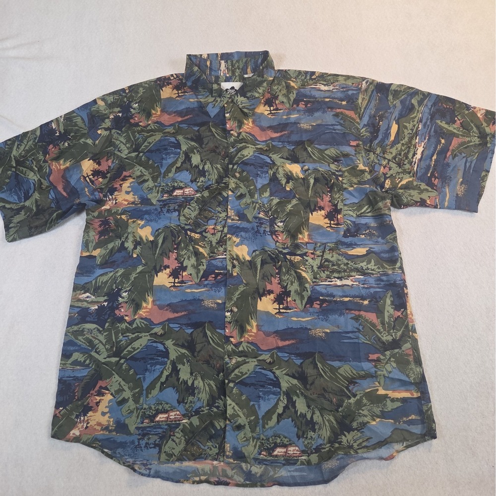 Hilo Hattie Hawaiian Shirt Large Blue Green Floral 100% Silk Tropical